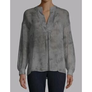 VINCE WATERCOLOR MARBLED SHIRRED 100%SILK‎ BLOUSE TOP DARK SMOKE GREY S